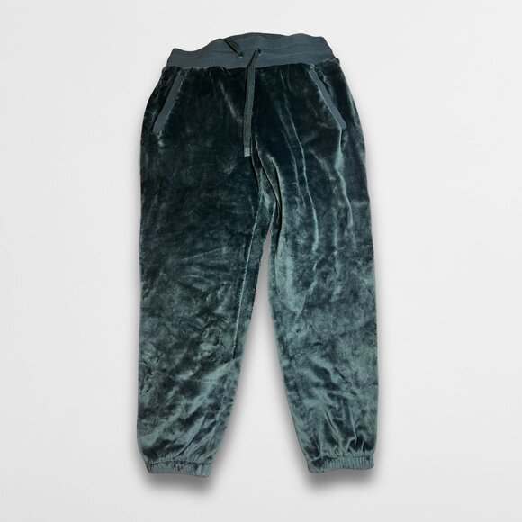 Athleta Double Cozy Karma Green Velvet Joggers Drawstring Waistband Ribbed Cuffs - Picture 2 of 5